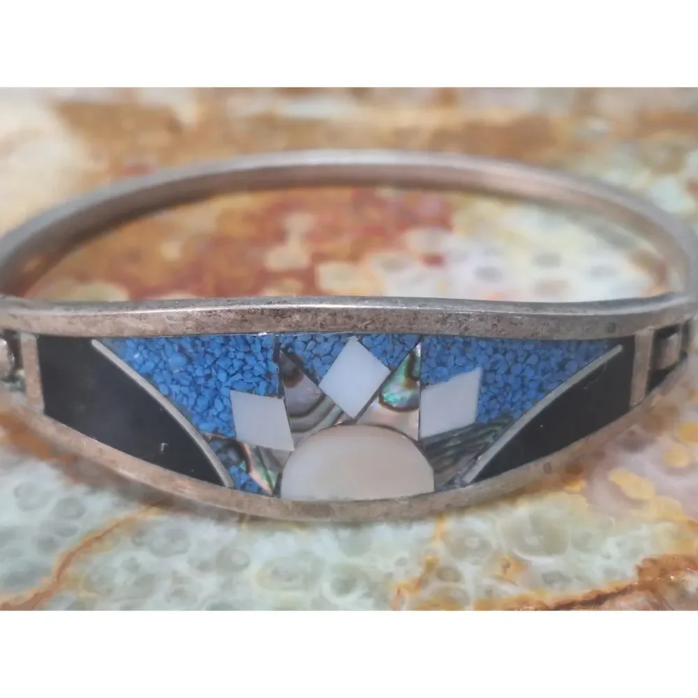 Vintage 925 Sterling Silver Southwestern Inlay Hinged Bangle Bracelet- As Found!